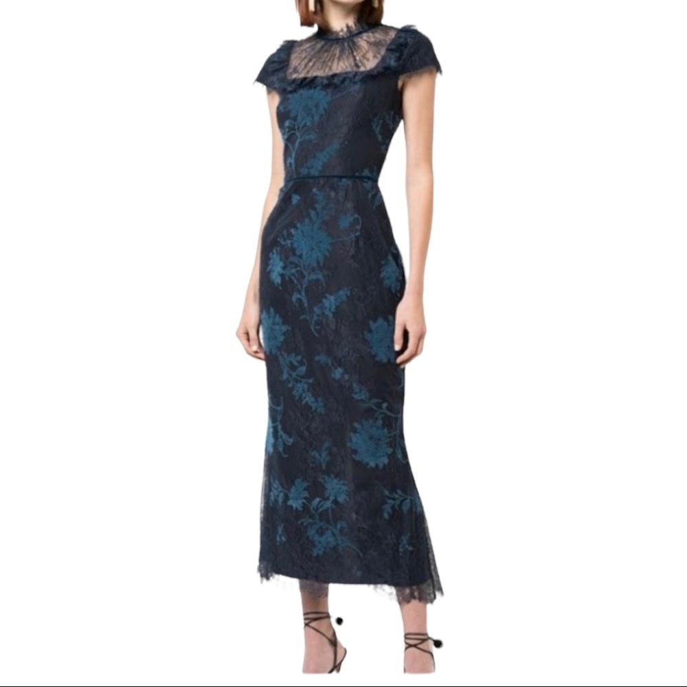 Marchesa Notte  embroidered floral rose  Lace Sheath  midi high neck gown dress